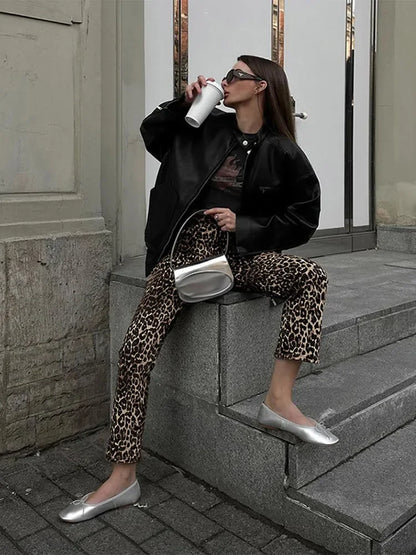 maoxiangshop  -  Leopard Printed Long Pants Women's 2024 Spring Autumn Slim Single Button Pencil Trousers Female Stylish High Waist Ladies Pants