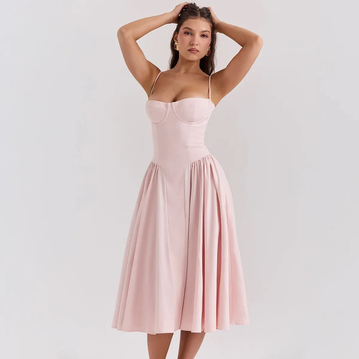 Mingmingxi Elegant Dress for Summer Pink Spaghetti Strap Midi Dress with Pocket Long Party Dresses Holiday Women Clothing