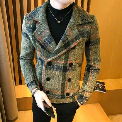 maoxiangshop Autumn Winter New Double-Breasted Windbreaker Slim Short Men Woolen Coat Fashion Retro Plaid Thick Casual Windbreaker Coat