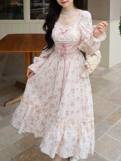 Spring Pink Floral Elegant Dress Women Bandage Lace Print Sweet Vintage Dress Puff Sleeve Kawaii Dress Women Princess Fairy