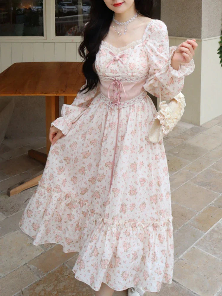 maoxiangshop-Spring Pink Floral Elegant Dress Women Bandage Lace Print Sweet Vintage Dress Puff Sleeve Kawaii Dress Women Princess Fairy