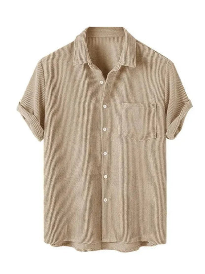 maoxiangshop Men's Shirt Corduroy Short Sleeve Blouses Casual Solid Streetwear Shirts Summer Ribbed Plain Button Y2K Tops