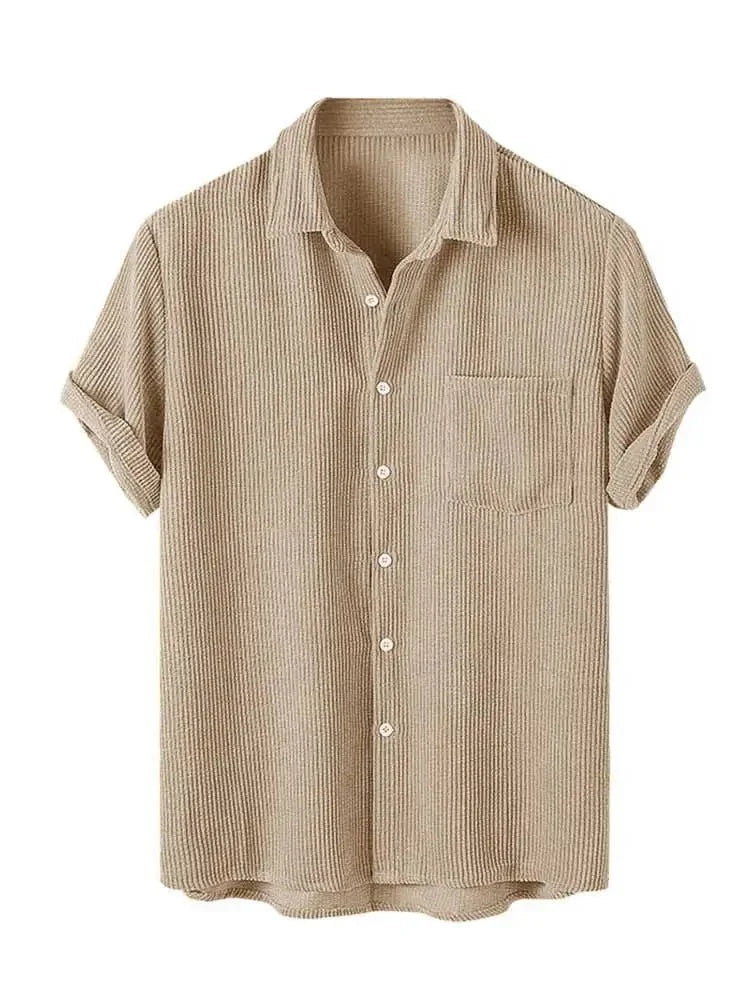 maoxiangshop Men's Shirt Corduroy Short Sleeve Blouses Casual Solid Streetwear Shirts Summer Ribbed Plain Button Y2K Tops