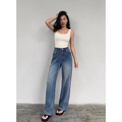 maoxiangshop Blue Women Jeans High Waist Fashion American Vintage Streetwear Y2K NEW Wide Leg Jean Female Denim Trouser Baggy Denim Pants