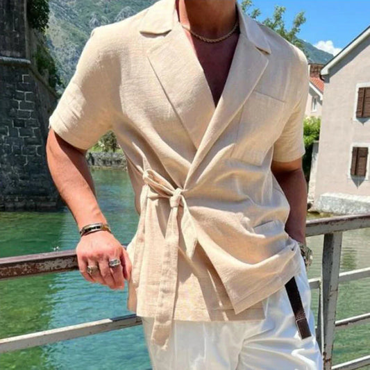maoxiangshop Summer Solid Color Linen Short-sleeved Shirt Suit Lapel Strap French Elegant Gentleman Loose Casual Simple Top Men's Clothing