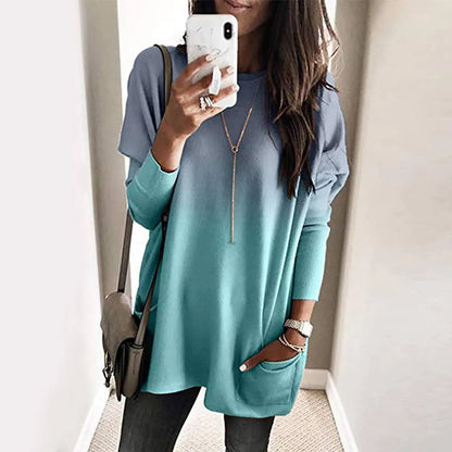 maoxiangshop Women‘s Long Sleeve Pocket Tunic Autumn Tops Blouse Shirt Gradient Loose Winter Jumper Pullover Plus Size Clothes Clothing