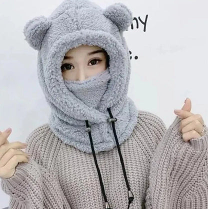 maoxiangshop Cute Winter Earflaps Plush Bear Ears Hats adult Warm Mask for Outdoor Women Bonnet Hood