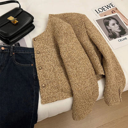 Vintage Tweed Jacket Women Cropped Quilted Coat Winter Elegant Blazer Ladies Korean Thicken Chic Short Suit Outerwear New