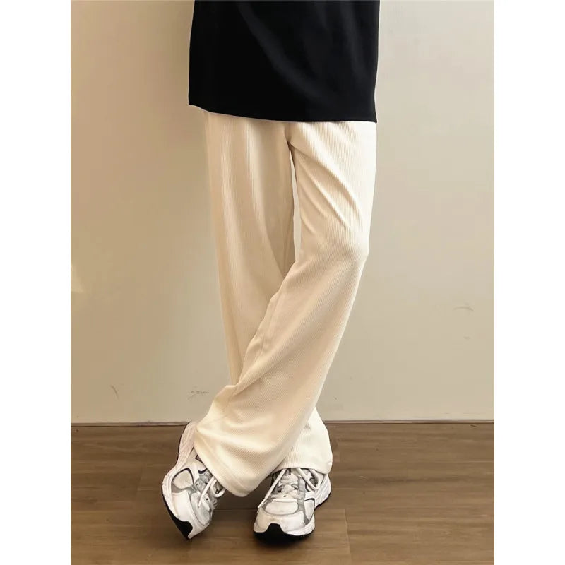 maoxiangshop Black Beige Casual Pants Men Fashion Knitted Pants Men Streetwear Korean Loose Wide Leg Pants Mens Knitting Trousers