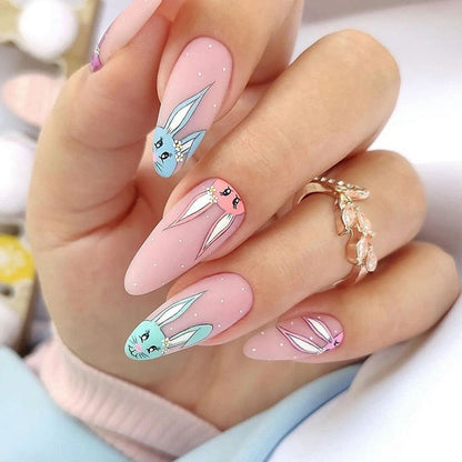 24Pcs Easter Long Coffin False Nails with Rabbit Chicken Designs Wearable Multicolor Ballet Press on Nails Full Cover Nail Tips