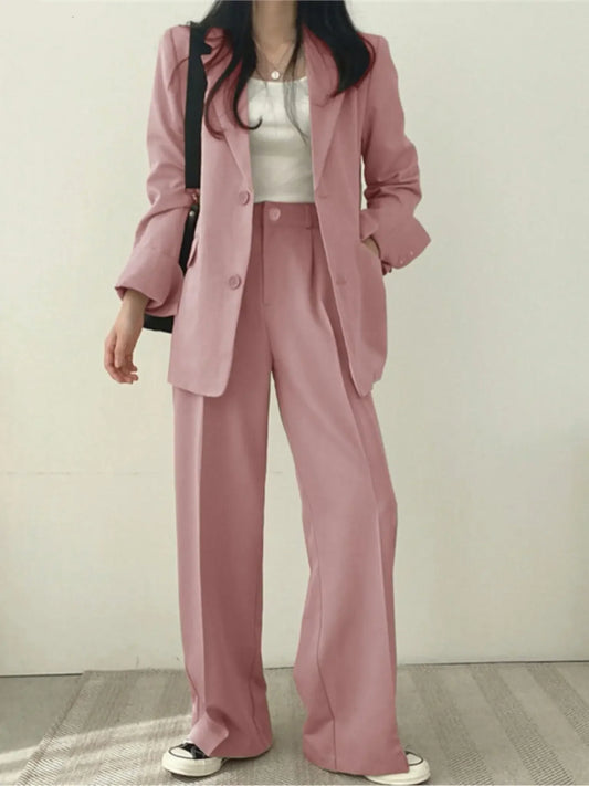 Korean Office Lady Fashion Blazer Suit Women's Two-Piece Set Casual Button Jacket Wide Leg Pants Outfits Work Clothes Autumn New