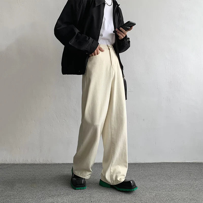 maoxiangshop Baggy Beige Jeans Men Fashion Casual Oversized Wide Leg Jeans Men Streetwear Korean Loose Straight Denim Pants Mens Trousers