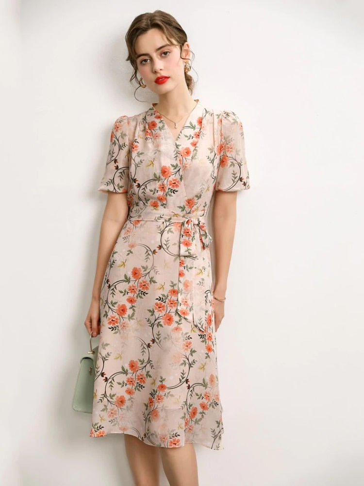 Spring and Summer New Printed Dress V-neck Tie Casual Chiffon Temperament Fashion Floral Print Mid-length Dress