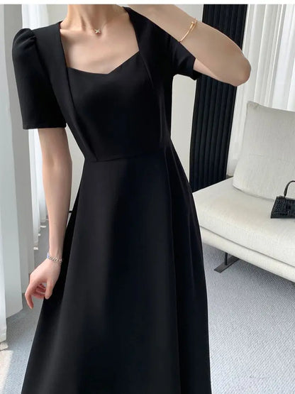 Women  Summer New Elegant Midi Black Dress Solid A Line Femme Fashion Office Lady Clothing Vestidos