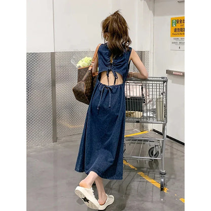 Denim Midi Dress Women Hollow Out A Line Dresses Streetwear Sleeveless Backless Sundress Korean Lace Up Casual Vestidos