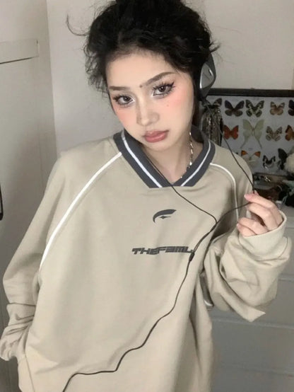 maoxiangshop1 Vintage V Neck Sweatshirt Women Korean Fashion Streetwear Kpop Pullover Casual Harajuku Grunge Cotton Top Autumn Winter
