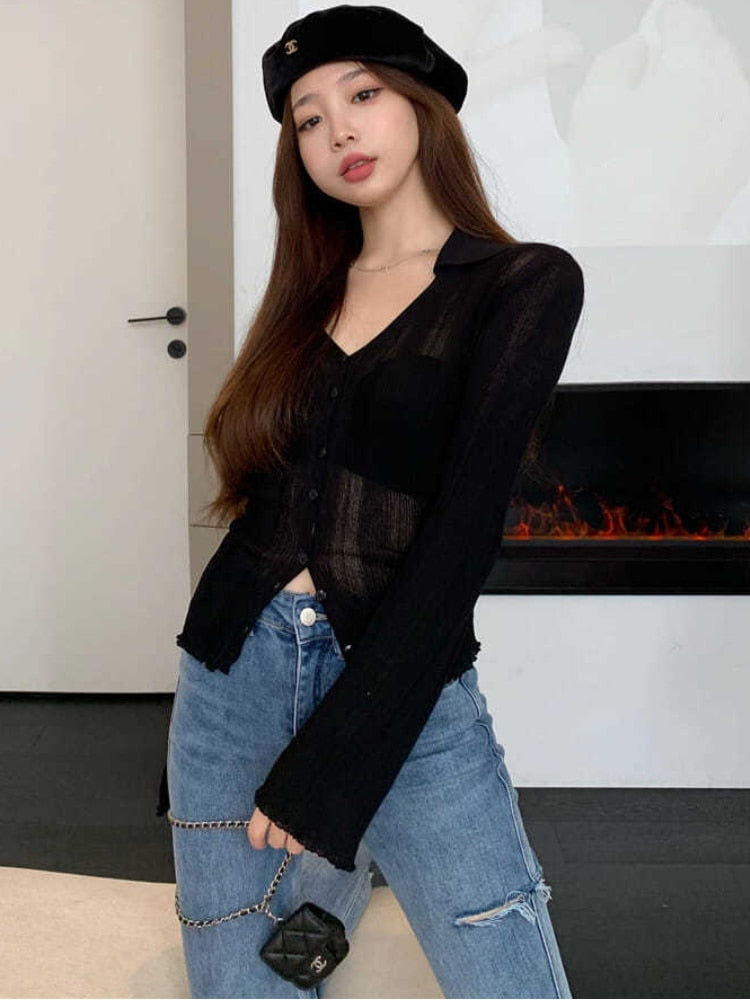 maoxiangshop Knitting T-shirt Women Slim Sexy Long Sleeve Daily V-neck Casual Korean Style Pure Retro Minimalist Hot Girls Spring See-through