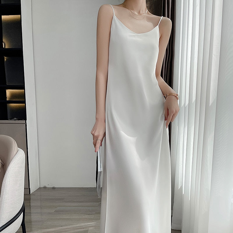 maoxiangshop Tri-Acetate Satin Silky V-Neck Temperament Female Summer Beautiful Silk Suspender Dress New Long Skirt Is Thin