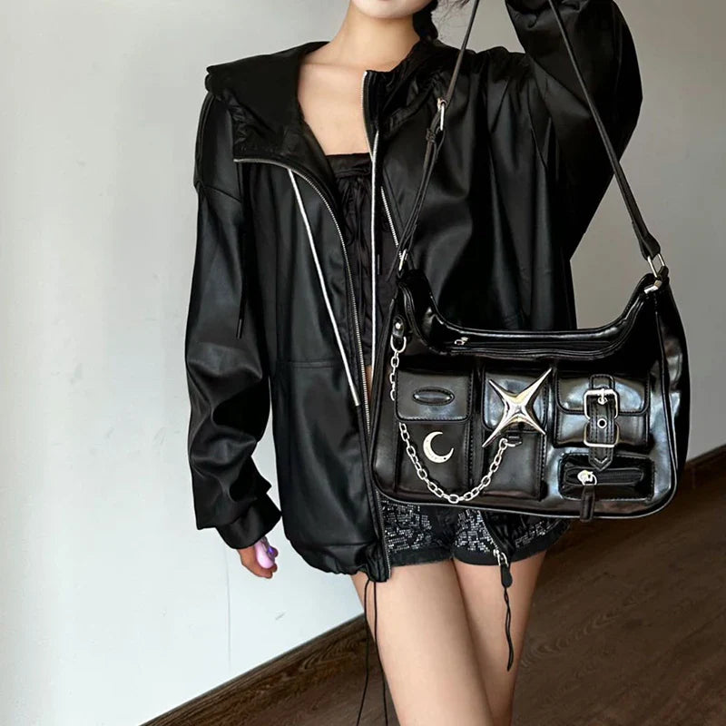 Y2k Womens Shoulder Bag Harajuku Fashion Gothic Casual Black Chains Handbag Hot Girls Pu Leather Ladies Motorcycle Bag Sac