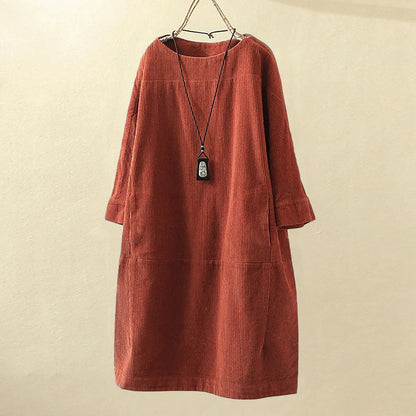 maoxiangshop Women Vintage Pockets Corduroy Solid Color Long Sleeve Loose Casual Dress vestido feminino party dresses Women's dress