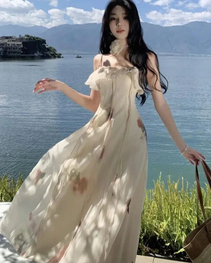 Elegant Ruffles Floral Midi Dresses Summer New Fashion Spaghetti Strap A-line Beach Vestidos Women Holiday Sundress Clothing