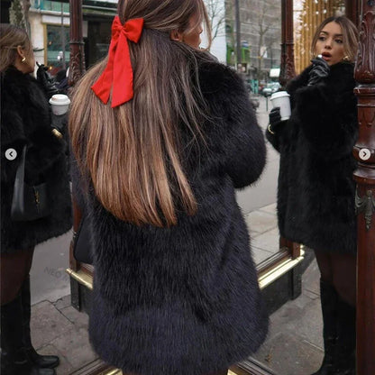 maoxiangshop  -  Lapels Faux Fur Coat Women 2024 Winter Brand Designer Fluffy Fox Fur Jacket Luxury Furry Overcoats Girl Stylish Long Outerwear