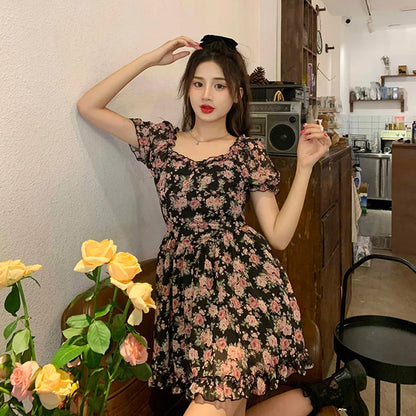 maoxiangshop Summer Women Off Shoulder Mesh Dress Lady Sweet Spicy Style Puff Sleeve Dress Female Flower Graphic Printing Elastic Fairy Dress