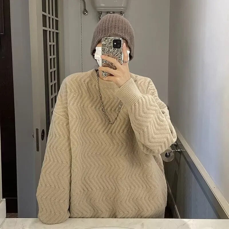 maoxiangshop Harajuku Mens Knitted Sweater Autumn Winter Tops Men Casual Clothes Crewneck Chunky Knit Cardigan Men Pullover Sweaters Shirts