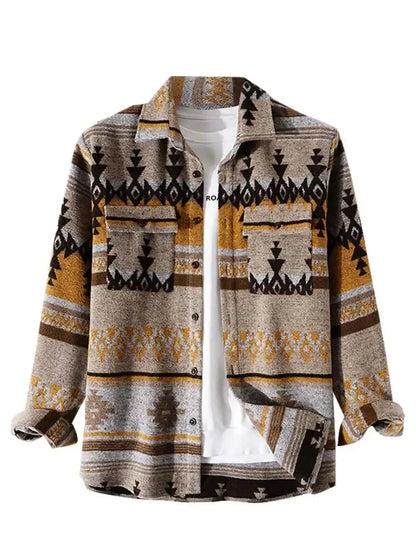maoxiangshop Men's Shirts Tribal Geometric Pattern Blend Wool Long Sleeve Warm Shirt Coat Vintage Clothes Shacket Autumn Winter Blouse