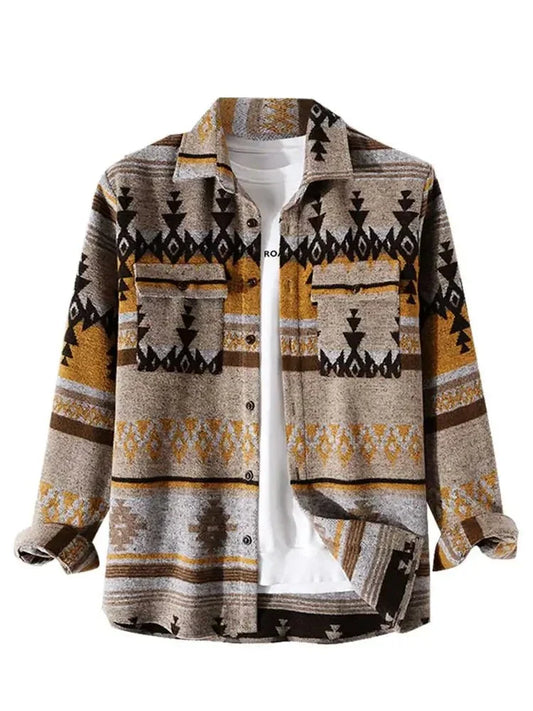 maoxiangshop Men's Shirts Tribal Geometric Pattern Blend Wool Long Sleeve Warm Shirt Coat Vintage Clothes Shacket Autumn Winter Blouse