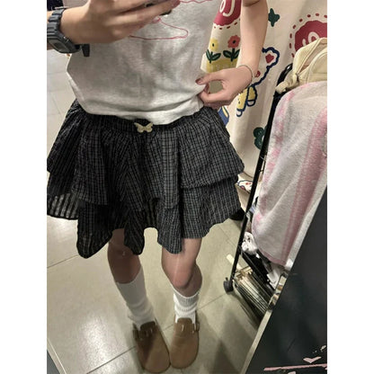 Vintage Plaid Mini Skirt Women Preppy Kawaii Ruffles Ball Gown Skirts Summer Japanese Harajuku High Waist A Line Skirt New