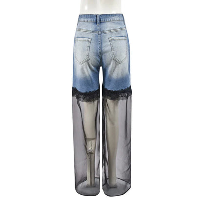 maoxiangshop  -  Mesh Patchwork Baggy Jeans Women Fashion High Waist Loose Straight Trousers Casual Streetwear Spring Autumn Denim Pants