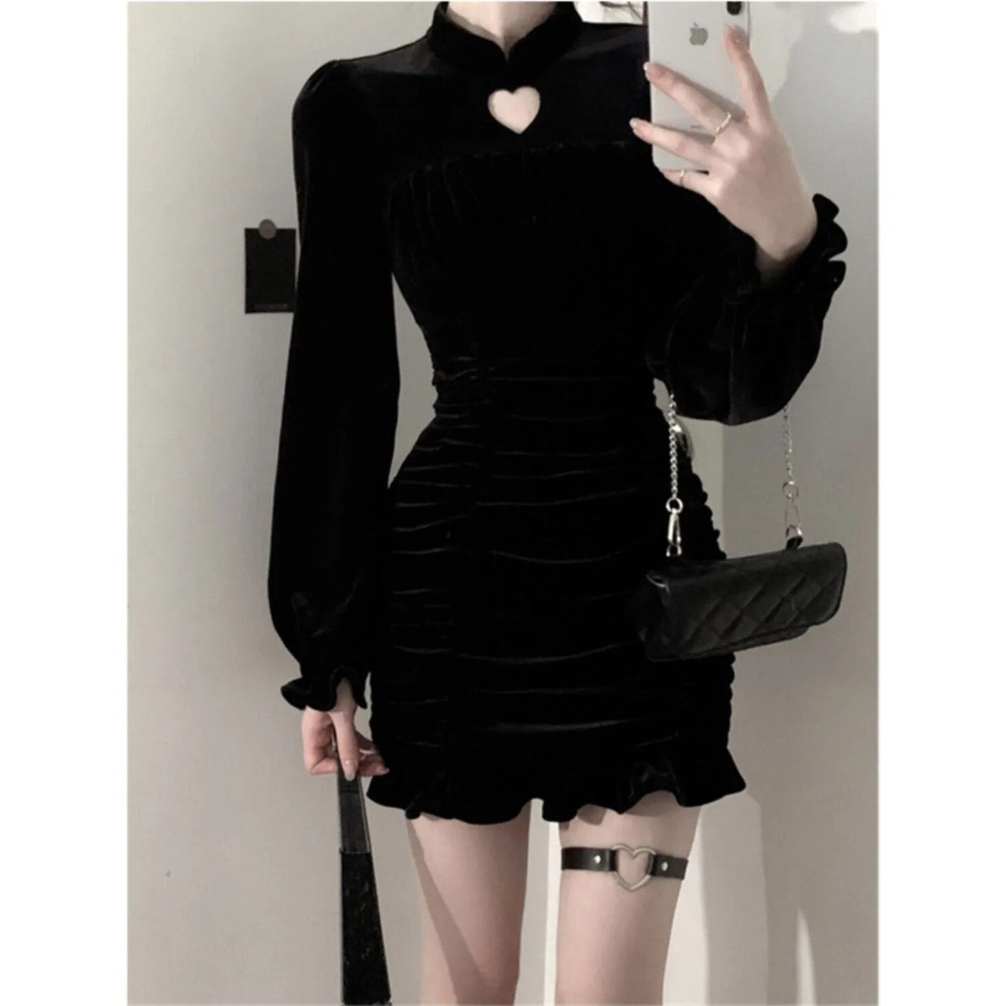 maoxiangshop Velvet Black Bodyocn Sexy Dress Autumn Vintage Holoow Out Wrap Slim Party Evening Short Dresses for Women Robe Female