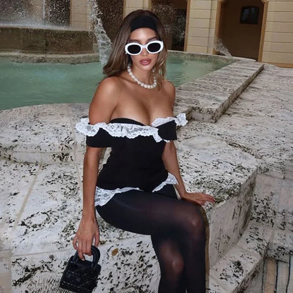maoxiangshop  -  Sexy Off-Shoulder Lace Bodysuits For Women High Waist Slim Fashion Bodysuits Plunge Sleeveless Clothes 2024 Autumn New
