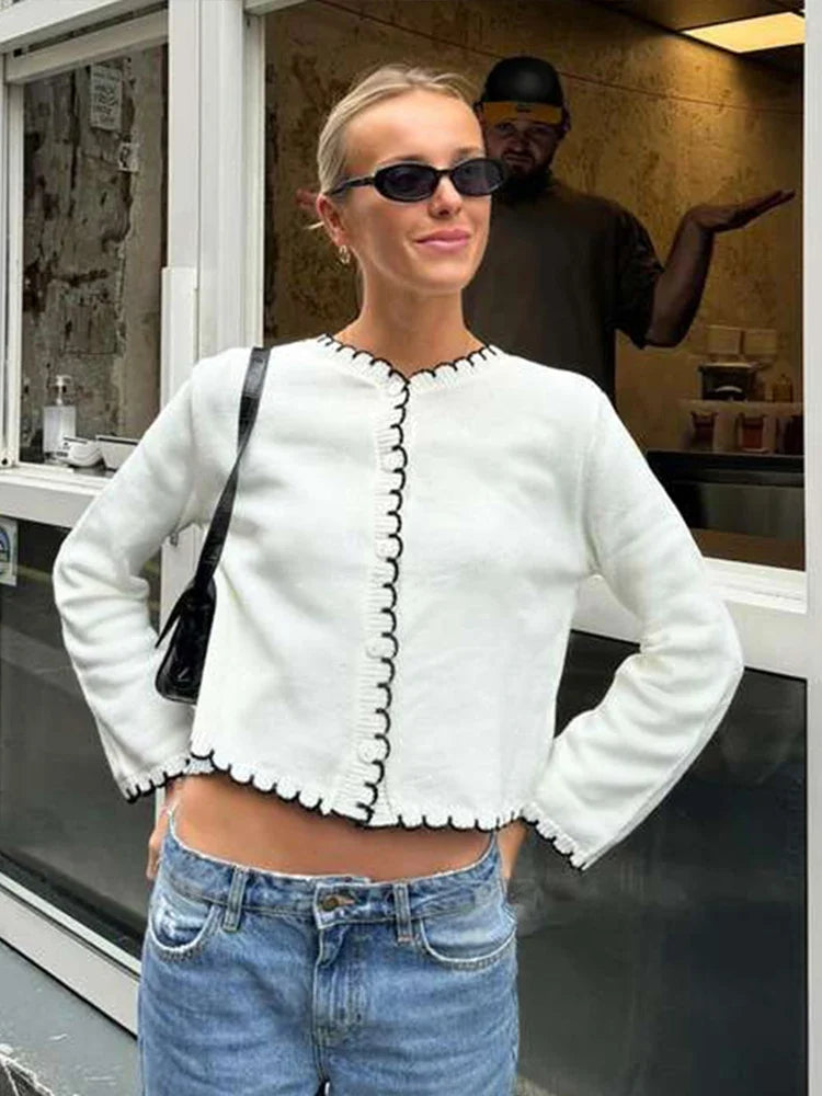 maoxiangshop  -  Simple Long Sleeve Knitted Tops Slim Fit Women Autumn Elegant Soft Thin Sweaters Casual Single-Breasted Knitwear Round Neck