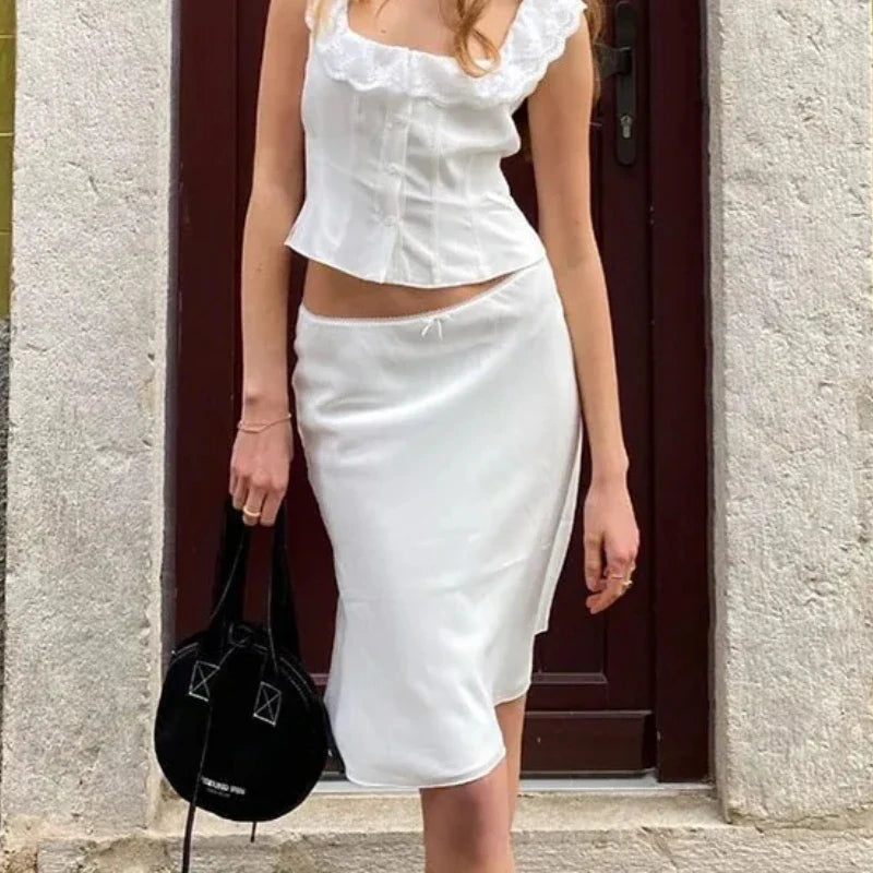 maoxiangshop White Satin Long Skirt Women vintage elegant Low Waist A-line Slim Silk sexy Y2k Midi Skirt Summer Party Skirts