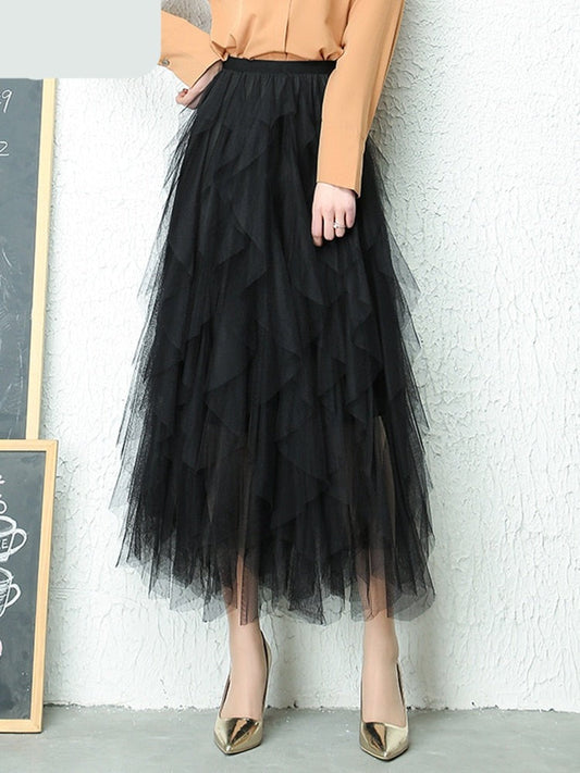 maoxiangshop Fashion Tutu Tulle Skirt Women Long Maxi Skirt Spring Summer Korean Black Pink High Waist Pleated Skirt Female