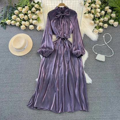 maoxiangshop Frenchic Vintage Long Dress Women Lace-up Bow Collar Lantern Sleeve Female Vestidos De Mujer Spring Elegant Dresses