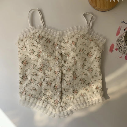 maoxiangshop-Lace Flower Print Cami Crop Tank Tops Summer Camisole Women's Tube Top Elegant Slim Short Tanks Vest Sexy Y2k Pearl