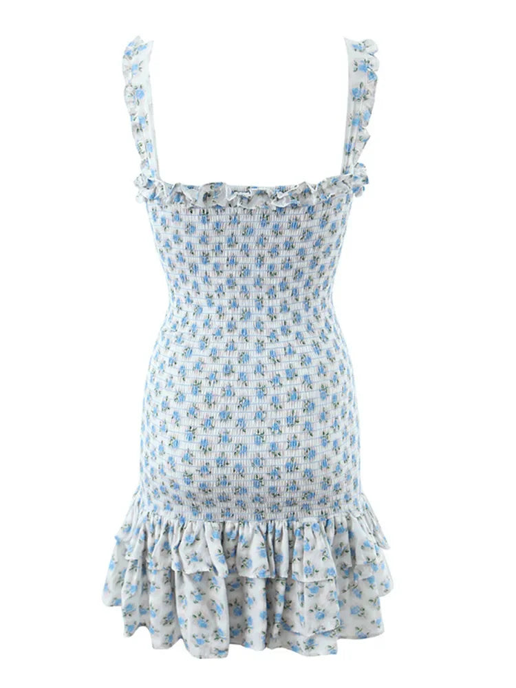 Chu Sau beauty New Summer Fashion Sweet Floral Print Elastic Tight Mini Dress Cute Chic Ruffles Sexy Backless Straped Dresses