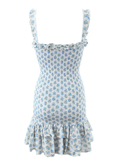 Chu Sau beauty New Summer Fashion Sweet Floral Print Elastic Tight Mini Dress Cute Chic Ruffles Sexy Backless Straped Dresses