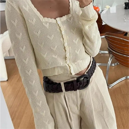 maoxiangshop Fall outfits women  cropped cardigan long sleeve cute crop sweater kawaii knitwears heart square neck top knitted