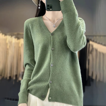 maoxiangshop New Fashion Spring Autumn 100% Merino Wool Women's V-neck Cardigan Cashmere Sweater 2024 Female Knitwear Clothing Korean Tops