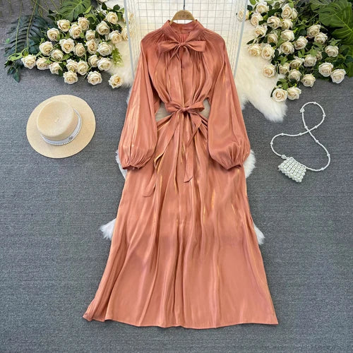 maoxiangshop Frenchic Vintage Long Dress Women Lace-up Bow Collar Lantern Sleeve Female Vestidos De Mujer Spring Elegant Dresses