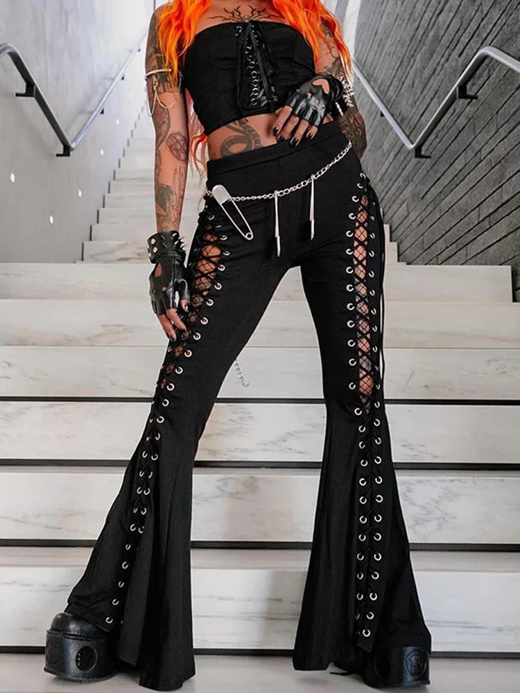 maoxiangshop Women's Gothic Pants Spring 2024 New Dark Wind Street Fashion Trend Cock-eye Tie Design Flared Pants Women