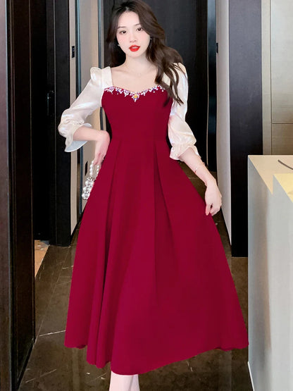 maoxiangshop Satin Luxury Elegant Dress for Wedding Women Spring Autumn Long Sleeve Bodycon Dress Korean Vintage Party Dress