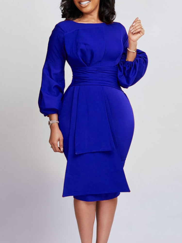 maoxiangshop Puff Sleeve Midi Dress Women Ruffle Crew Neck Formal Party Cocktail Pencil Dress with Bow Belt  Vestidos