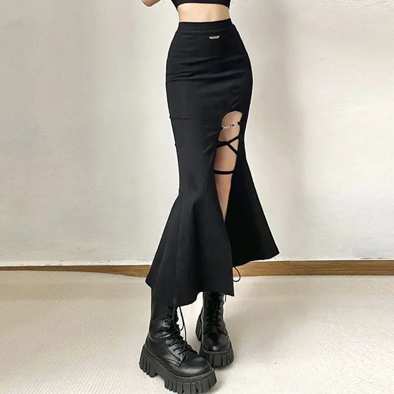 maoxiangshop High Waist Women Mermaid Skirts American Style Designed Bandage Split Midi Skirt Y2K Fashion Streetwear Female Skirts Spring New