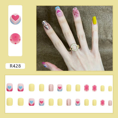 24pcs French Fake Nails Short Art Nail Tips Press Stick on False with Designs Full Cover Artificial Pink Wearable Clear Tips