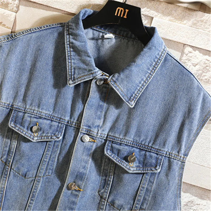 maoxiangshop New Denim Vest Men Sleeveless Denim Jacket Casual Waistcoat Men Solid Color Jean Coat Male Streetwear Mens Clothing